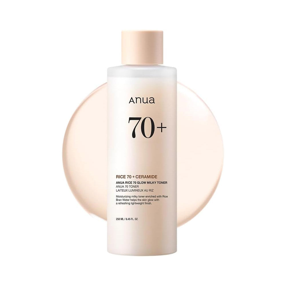 Anua Rice 70 Glow Milky Toner, for Glass Skin, Rice Water, Niacinamide, Ceramides, Panthenol, Fragrance-Free, Non comedogenic, Fungal Acne Safe, Korean Skin Care, 250ml/8.45fl.oz.