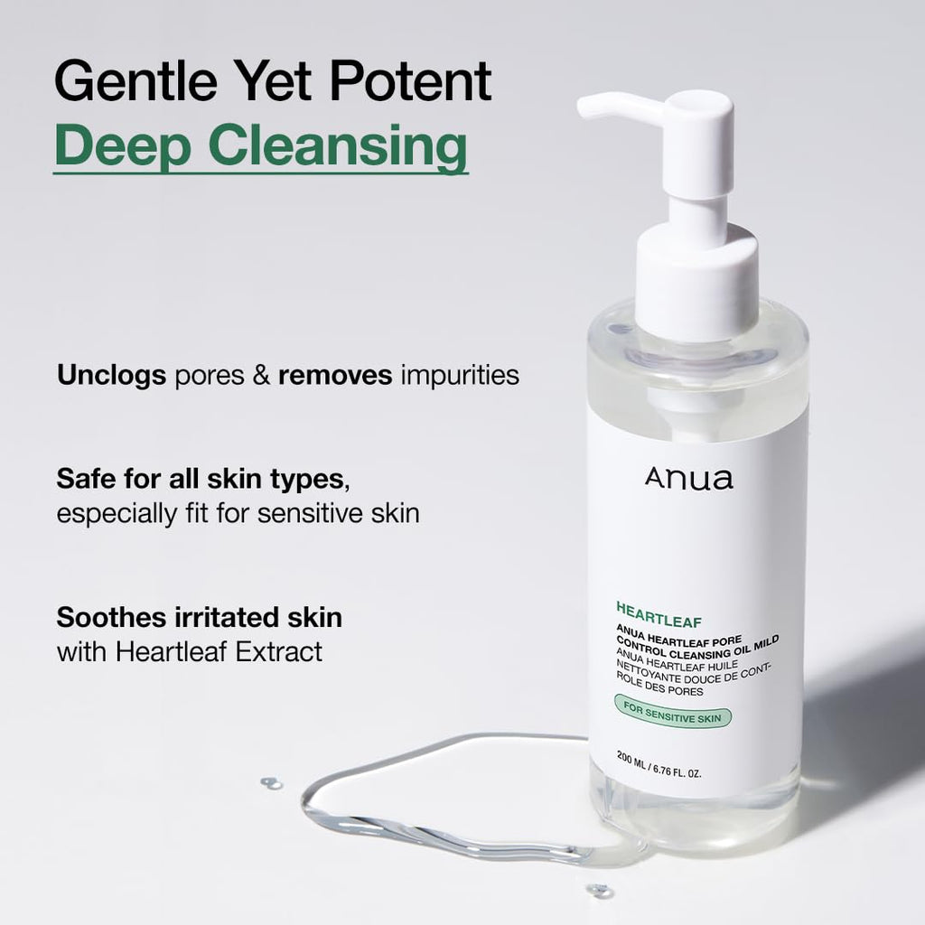 Anua Heartleaf Pore Cleansing Oil MILD, Sensitive Skin Face Wash, Oil Cleanser for Face, Makeup Blackhead Remover, Korean Skin Care, Non-Comedogenic, Fragrance Free 6.76 fl oz(200ml)
