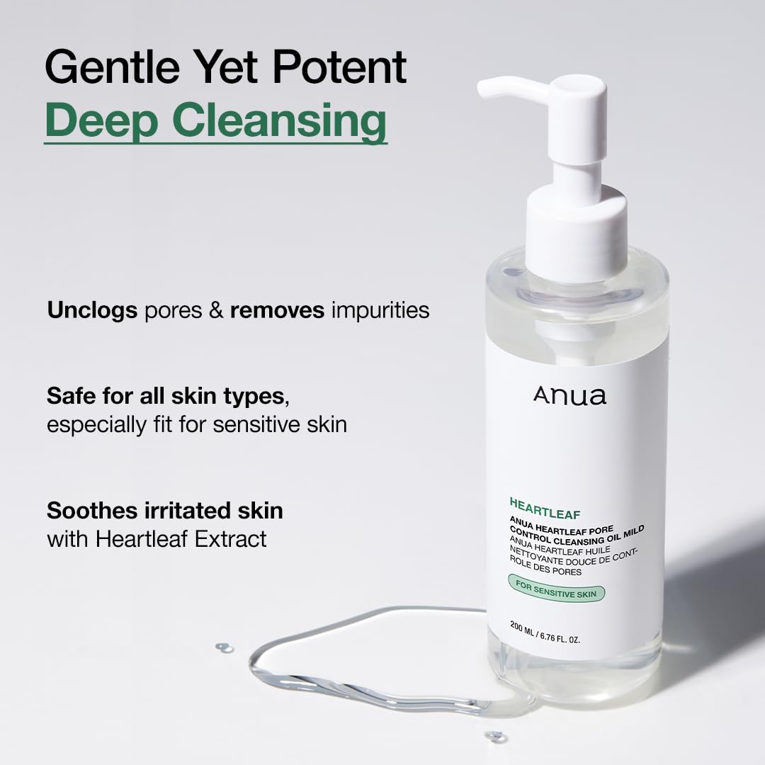 Anua Heartleaf Pore Cleansing Oil MILD, Sensitive Skin Face Wash, Oil Cleanser for Face, Makeup Blackhead Remover, Korean Skin Care, Non-Comedogenic, Fragrance Free 6.76 fl oz(200ml)