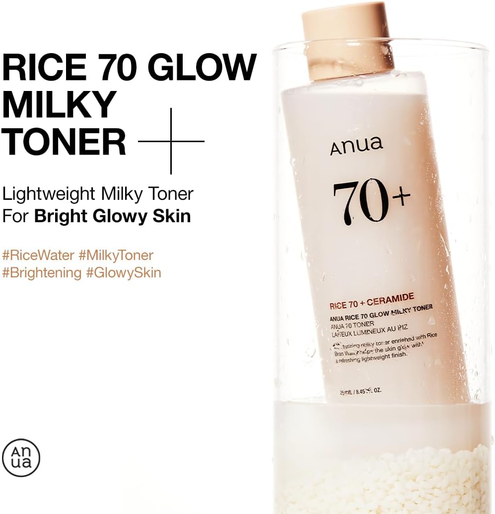 Anua Rice 70 Glow Milky Toner, for Glass Skin, Rice Water, Niacinamide, Ceramides, Panthenol, Fragrance-Free, Non comedogenic, Fungal Acne Safe, Korean Skin Care, 250ml/8.45fl.oz.