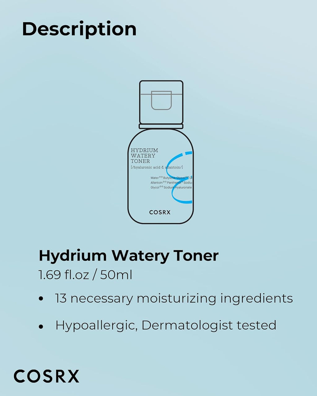 COSRX Hydrium Watery Toner, 280ml / 9.46 fl.oz | Moisturizing Korean Toner | Hyaluronic Acid, Allantoin, Panthenol | Korean Skin Care, Not Tested on Animals, Paraben Free