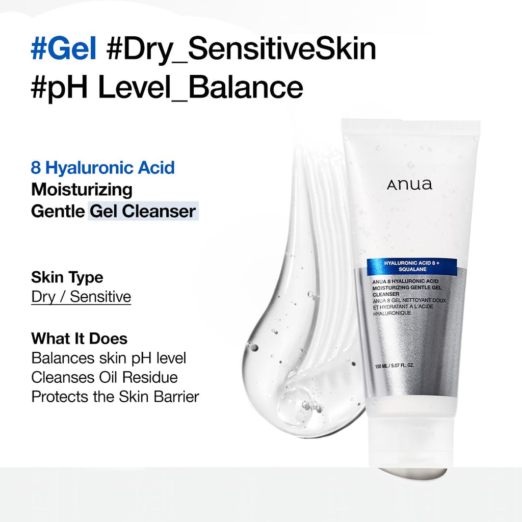 Anua Moisturizing Gentle Gel Cleanser, Hyaluronic Acid, Squalane, Ceramide, Foaming Facial Korean Cleanser, pH Balance, Daily Hydrating Face Wash, Korean Skincare (150ml/5.07fl oz.)