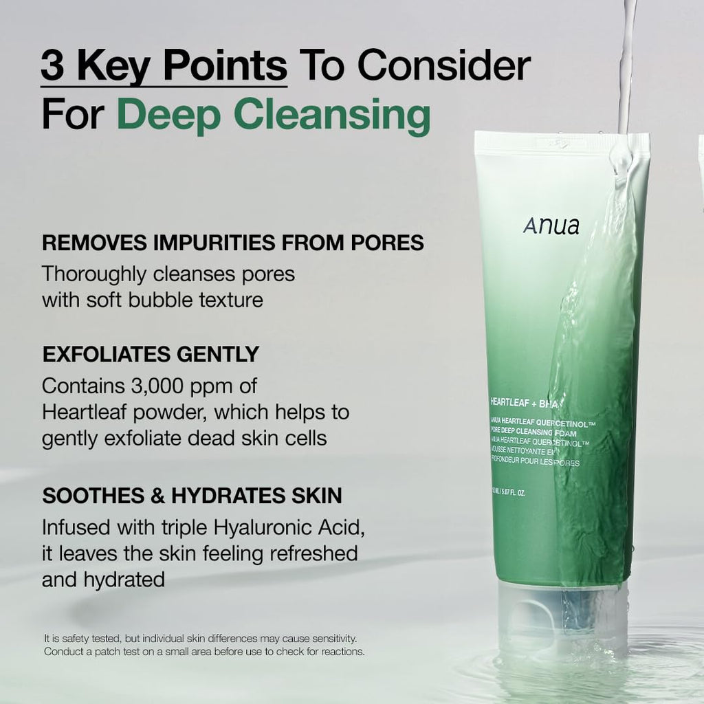 Anua Heartleaf Quercetinol Pore Deep Cleansing Foam, Facial Cleanser, for Double Cleansing, BHA, Hyaluronic Acid, Glycerin, Face Wash, Blackhead Remover, Korean Skincare (150ml/5.07 fl.oz.)
