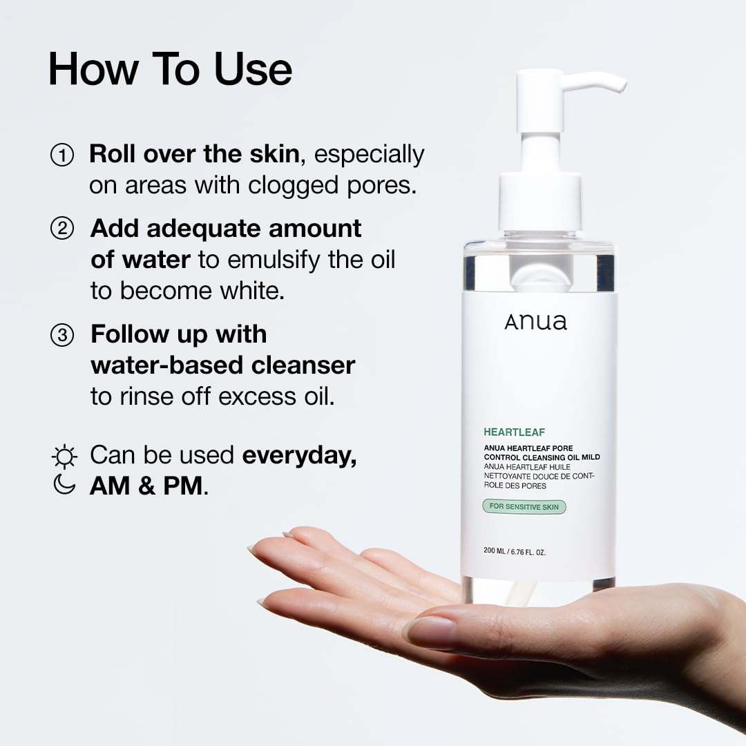 Anua Heartleaf Pore Cleansing Oil MILD, Sensitive Skin Face Wash, Oil Cleanser for Face, Makeup Blackhead Remover, Korean Skin Care, Non-Comedogenic, Fragrance Free 6.76 fl oz(200ml)