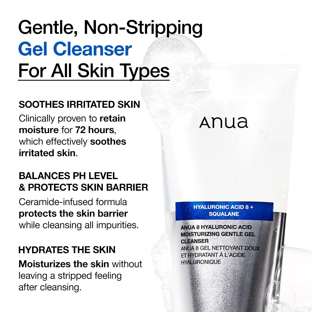 Anua Moisturizing Gentle Gel Cleanser, Hyaluronic Acid, Squalane, Ceramide, Foaming Facial Korean Cleanser, pH Balance, Daily Hydrating Face Wash, Korean Skincare (150ml/5.07fl oz.)