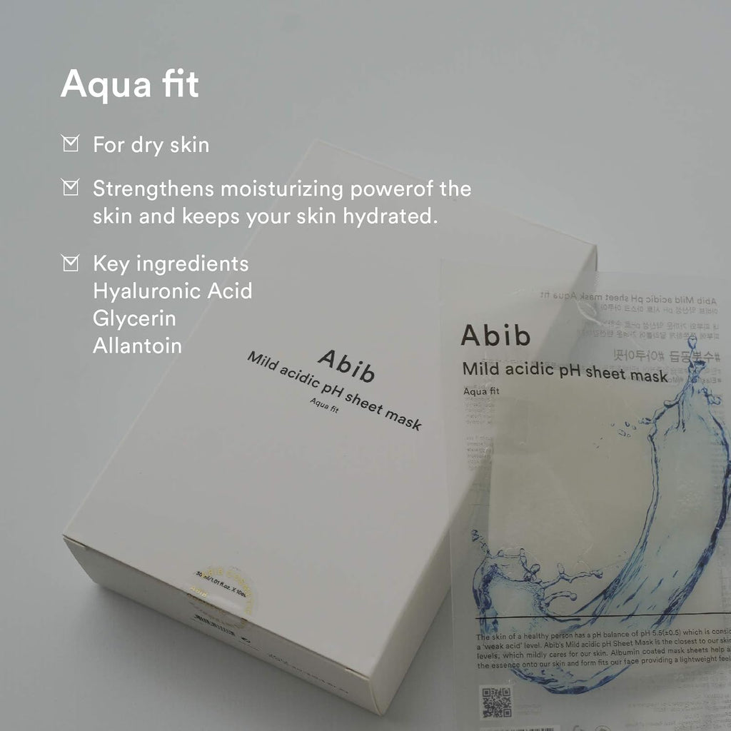 Abib Mild acidic pH sheet mask Aqua Fit 10 Sheets I Intense Hydrating and Moisturizing Care for Dry and Dehydrated Skin