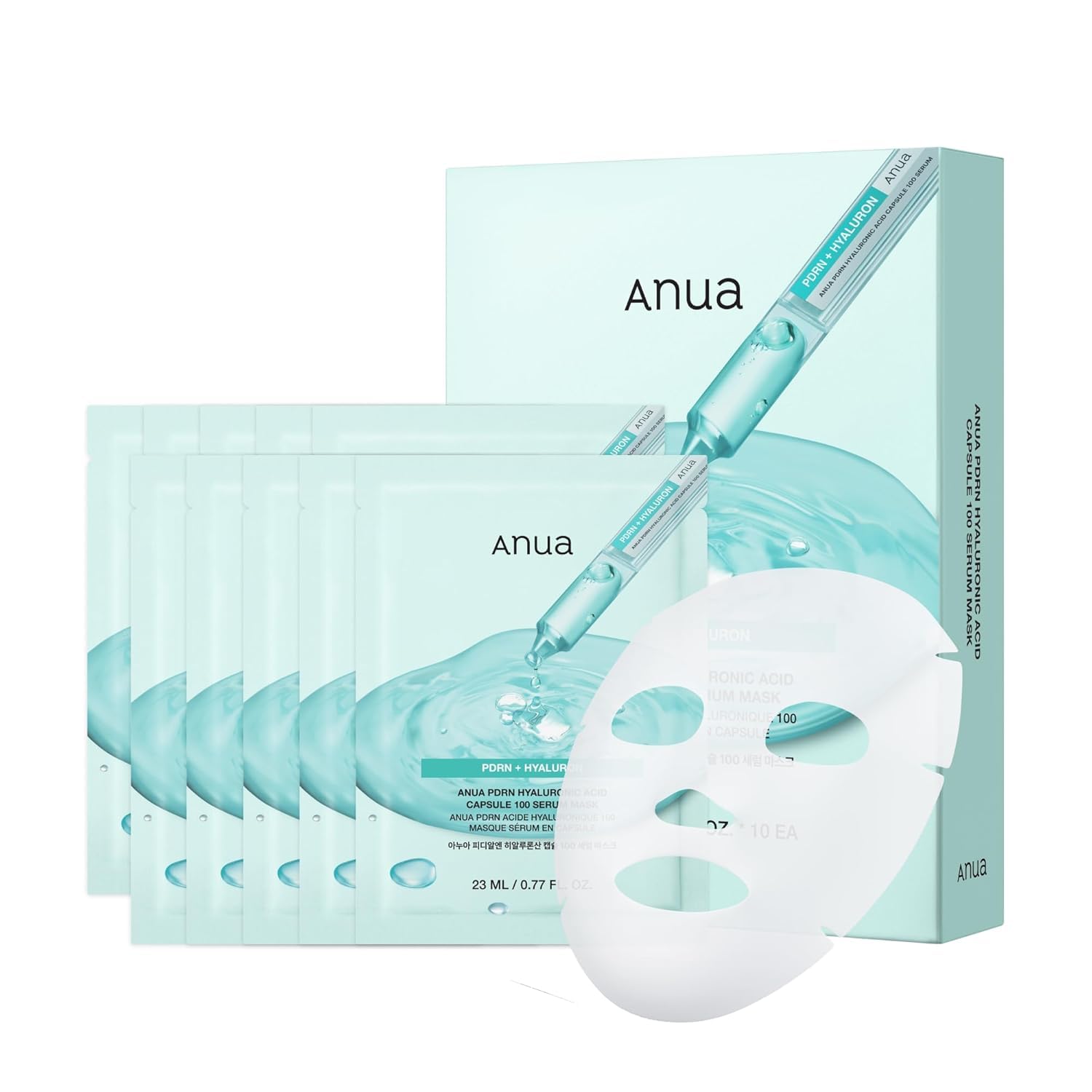 Anua PDRN Hyaluronic Acid Capsule 100 Serum Mask, everyday glow korean sheet mask with Salmon PDRN, Hyaluronic acid, Collagen, Self home care facial mask for glass skin, Korean skin care (10EA)
