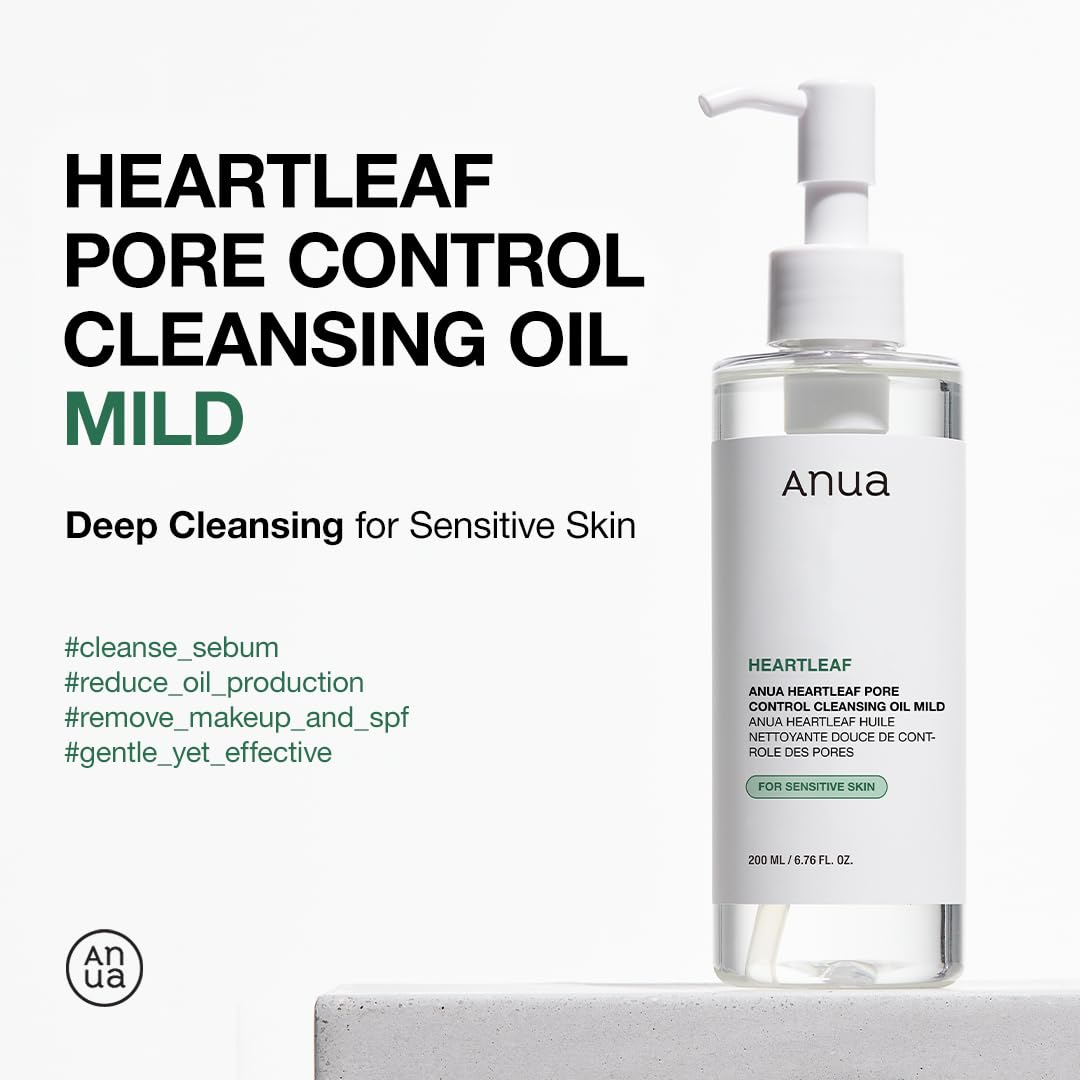 Anua Heartleaf Pore Cleansing Oil MILD, Sensitive Skin Face Wash, Oil Cleanser for Face, Makeup Blackhead Remover, Korean Skin Care, Non-Comedogenic, Fragrance Free 6.76 fl oz(200ml)