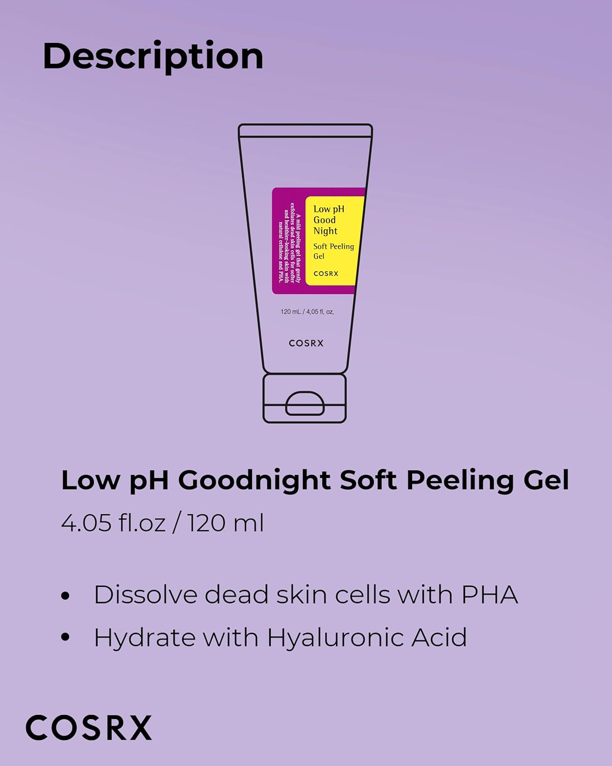 COSRX Low pH Good Night Soft Peeling Gel, 4.05 fl oz / 120ml, Mildly Exfoliating PHA For Sensitive Skin with Natural Cellulose, Radiating, Cleansing, Not Tested on Animals, Korean Skin Care
