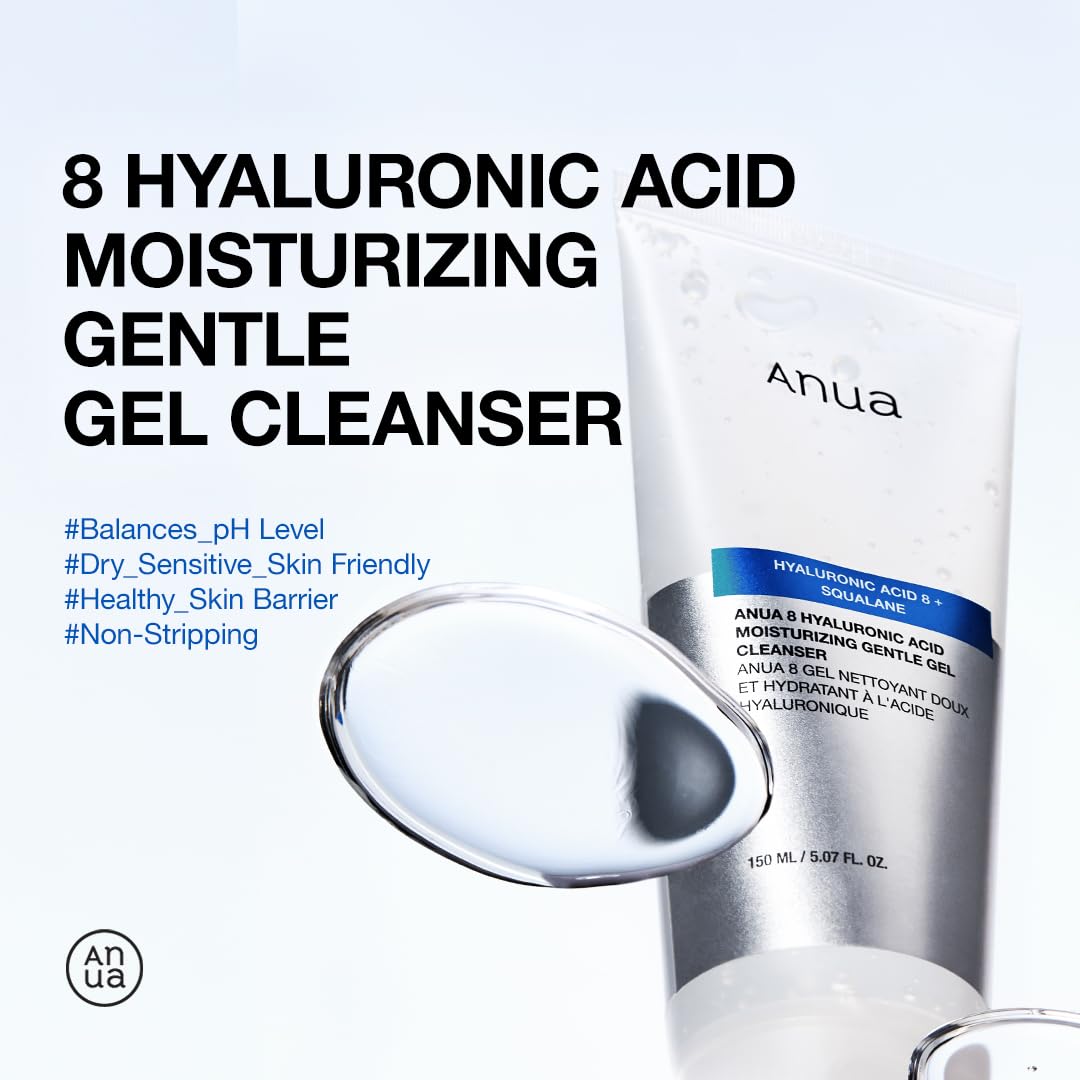Anua Moisturizing Gentle Gel Cleanser, Hyaluronic Acid, Squalane, Ceramide, Foaming Facial Korean Cleanser, pH Balance, Daily Hydrating Face Wash, Korean Skincare (150ml/5.07fl oz.)