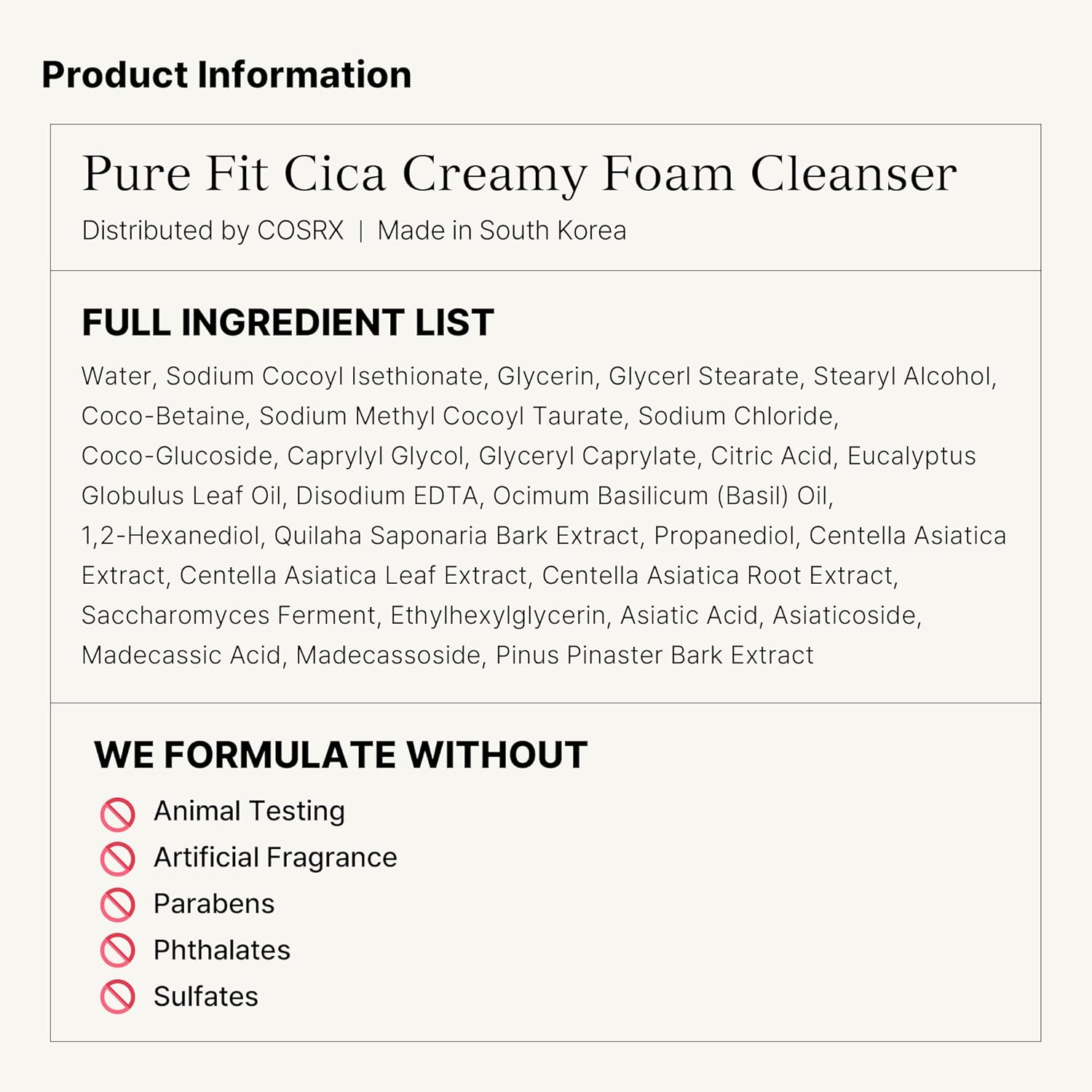 COSRX Pure Fit Cica Creamy Foam Cleanser, 5.07 fl oz / 150ml | Mild Cleanser for Sensitive Skin | 91% Naturally Derived Centella Complex | Animal Testing Free, Paraben Free, Korean Skin Care