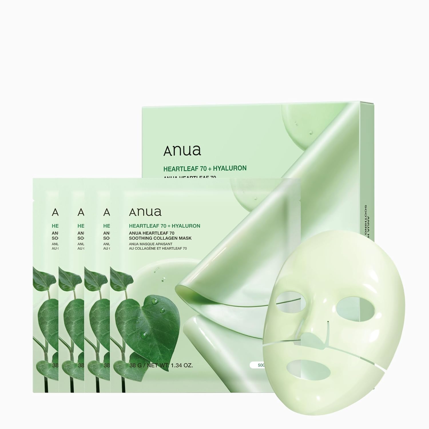 Anua Heartleaf 70 Soothing Collagen Mask, Overnight Face Mask for Glass Skin, hyaluronic acid, Collagen, Soothing & hydration Facial Mask for Sensitive Skin, Natural Color, Korean Skin Care (38g, 4ea)