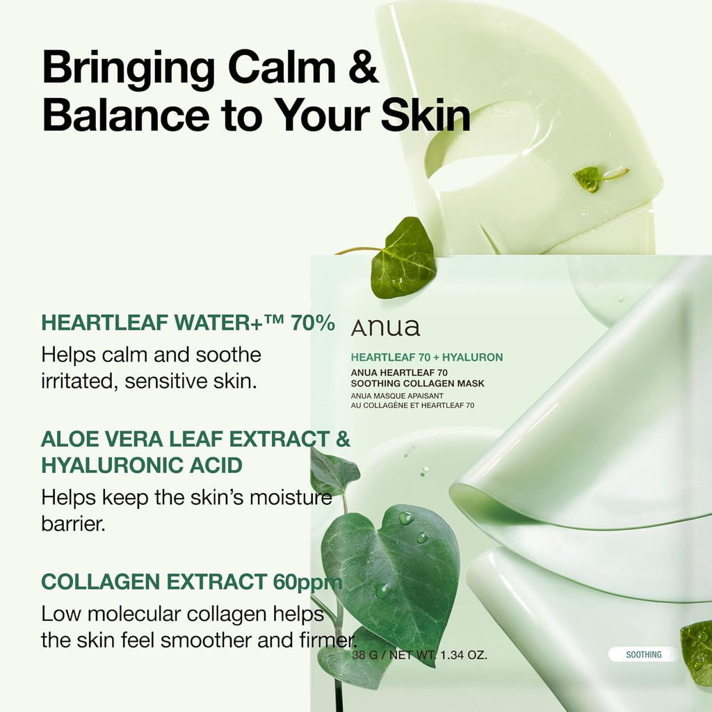 Anua Heartleaf 70 Soothing Collagen Mask, Overnight Face Mask for Glass Skin, hyaluronic acid, Collagen, Soothing & hydration Facial Mask for Sensitive Skin, Natural Color, Korean Skin Care (38g, 4ea)