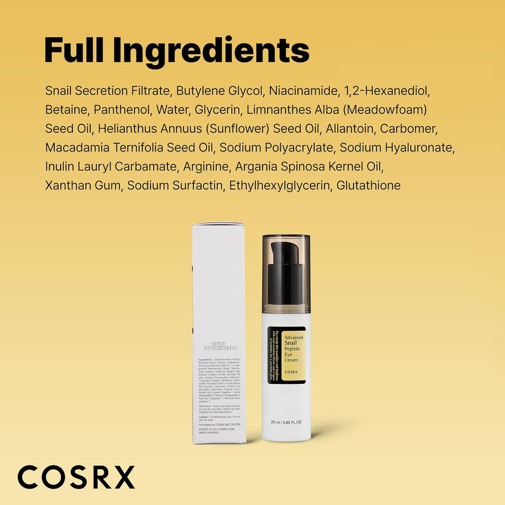 COSRX Snail Mucin Peptide Under Eye Cream, 0.84 fl oz, 73.7% Snail Mucin and Niacinamide, Eye Care, Eye Cream Anti Aging, Dark Circles, Korean Skin Care