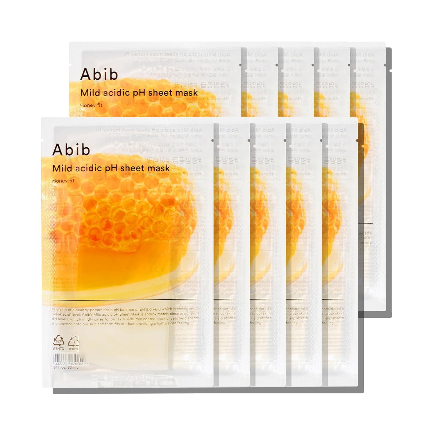 Abib Mild acidic pH sheet mask Honey Fit 10 Sheets I Vitalizing Facial Mask, Propolis Glow