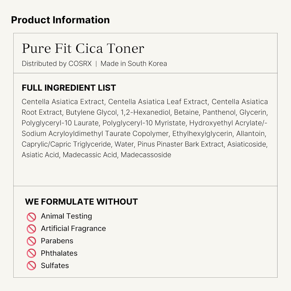 COSRX Pure Fit CICA Toner, 150ml / 5.07 fl.oz | Soothing Korean Toner for Sensitive Skin | Centella Asiatica Facial Toning Water | Korean Skin Care, Not Tested on Animals, Sulfates Free, Paraben Free