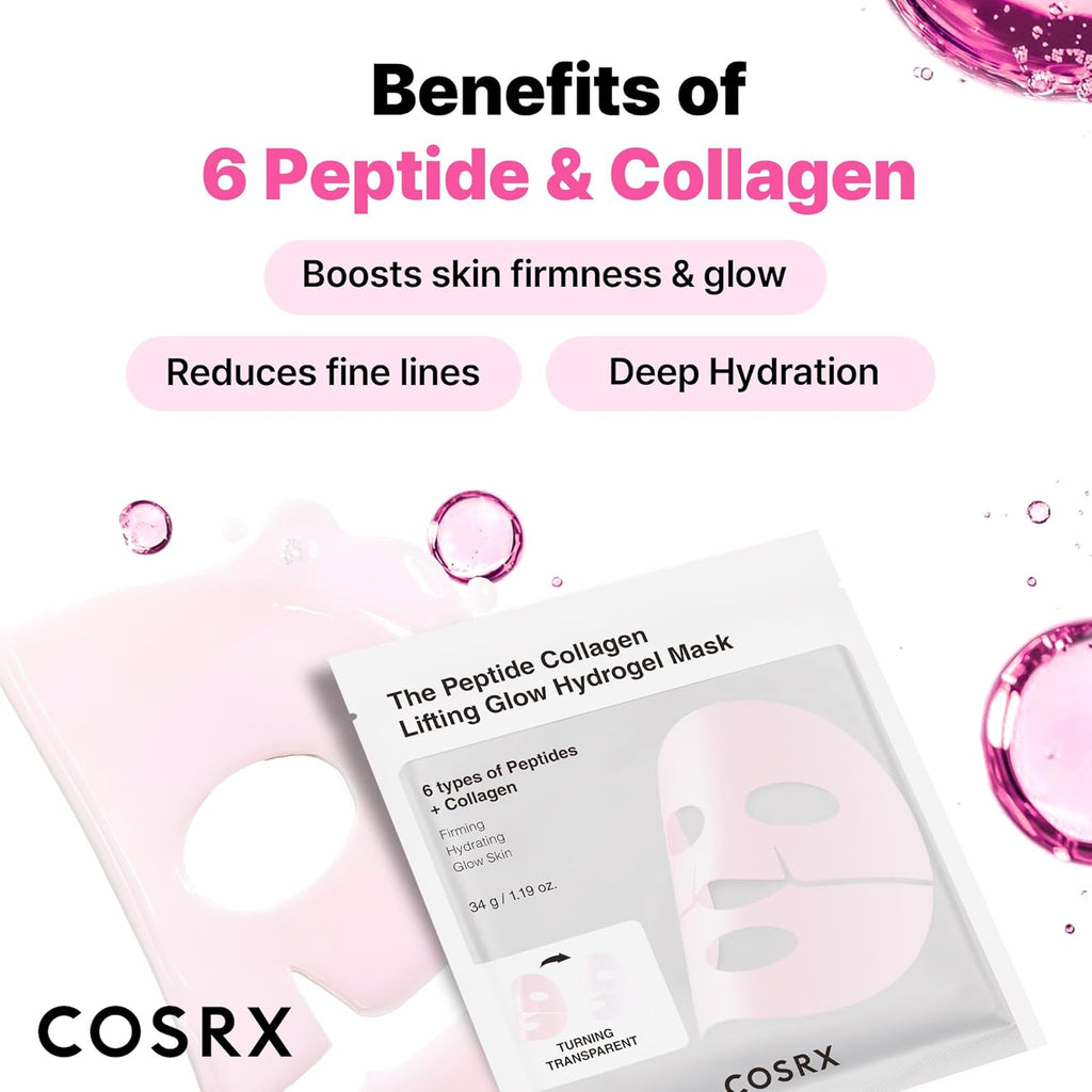 COSRX The Peptide Collagen Lifting Glow Hydrogel Face Masks Skincare 3 EA, Collagen Face Mask, Travel Essentials, Overnight Face Mask, Korean SkinCare