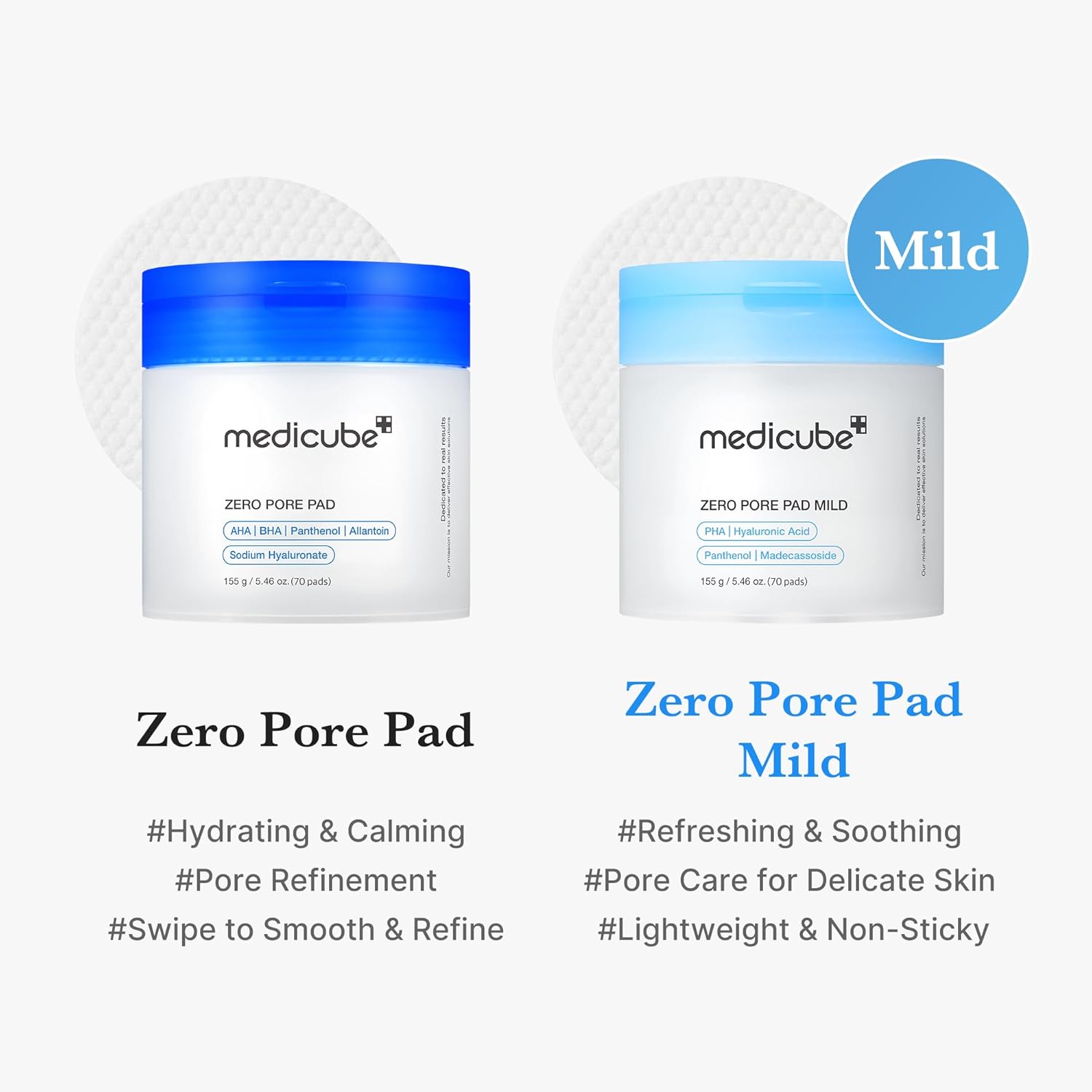 medicube Zero Pore Pads Mild 2.0 (70 units) - Gentle Calming Toner Pads for Exfoliation, Minimizing Pores, and Blackhead Removal with PHA - Ideal for All Skin Types - Korean Skin Care