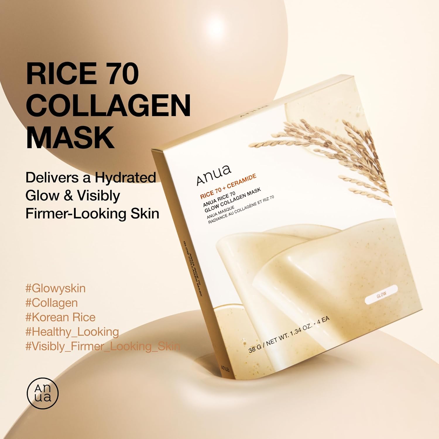 Anua Rice 70 Glow Collagen Mask, Overnight Face Mask for Glass Skin, Ceramide, Collagen Facial Mask, Skin Moisture Barrier, Tightening Care, Natural Color, Korean Skin Care (38g, 4ea)