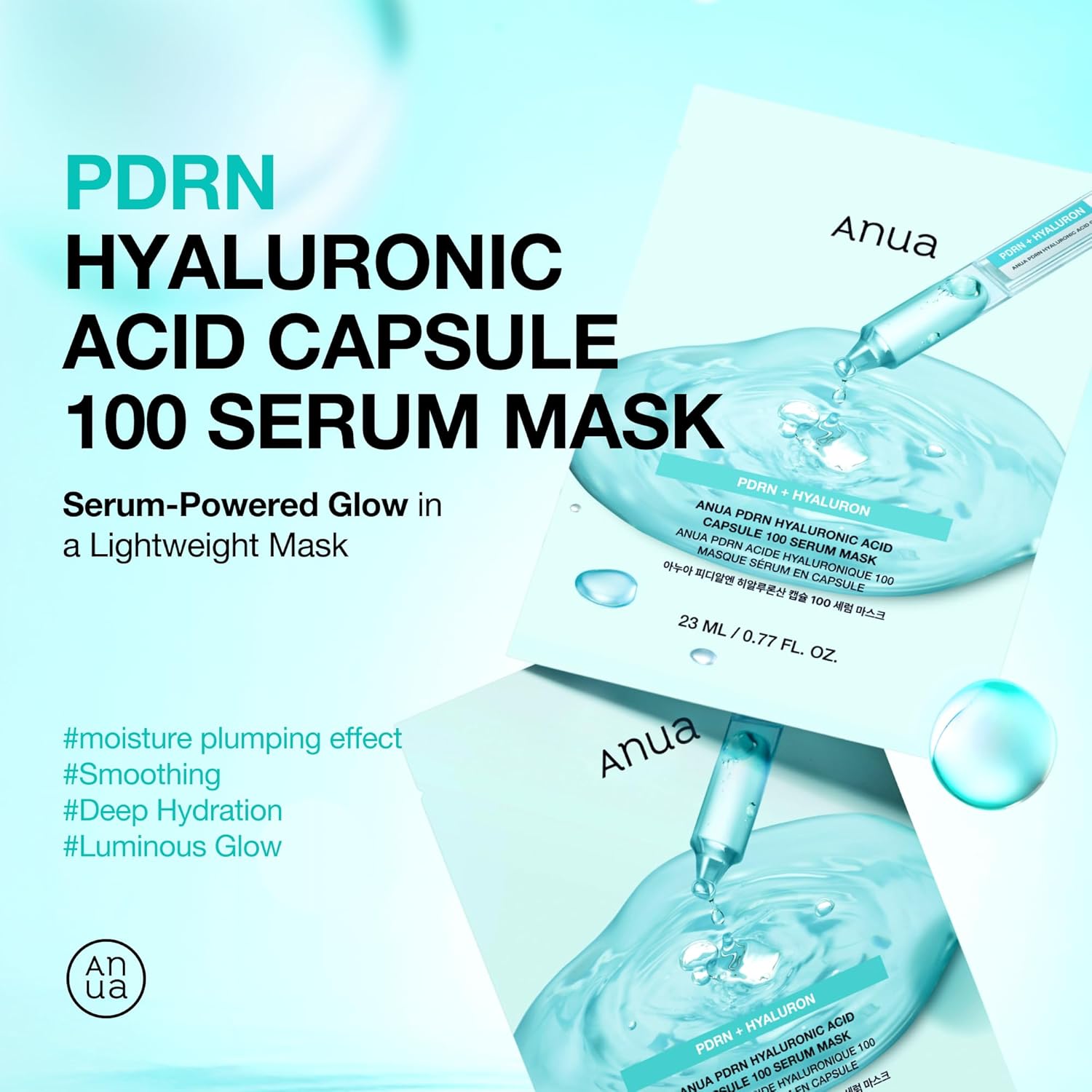 Anua PDRN Hyaluronic Acid Capsule 100 Serum Mask, everyday glow korean sheet mask with Salmon PDRN, Hyaluronic acid, Collagen, Self home care facial mask for glass skin, Korean skin care (10EA)