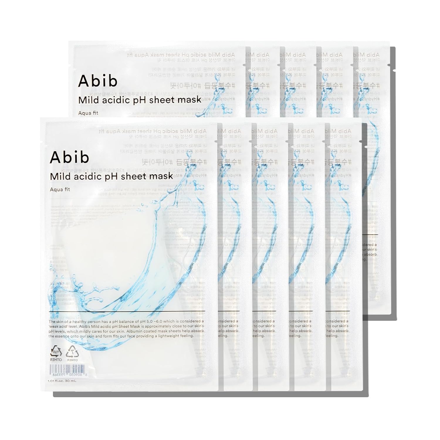 Abib Mild acidic pH sheet mask Aqua Fit 10 Sheets I Intense Hydrating and Moisturizing Care for Dry and Dehydrated Skin
