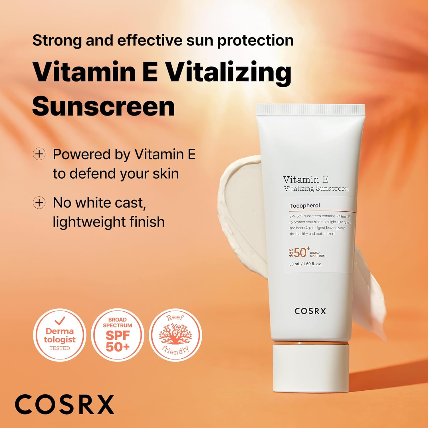 COSRX Vitamin E Vitalizing Face Sunscreen SPF 50, 1.69 fl oz, SPF Moisturizer, Lightweight under Makeup, Travel Essentials, Summer Essentials, Korean Skin Care, Korean Sunscreen for Face