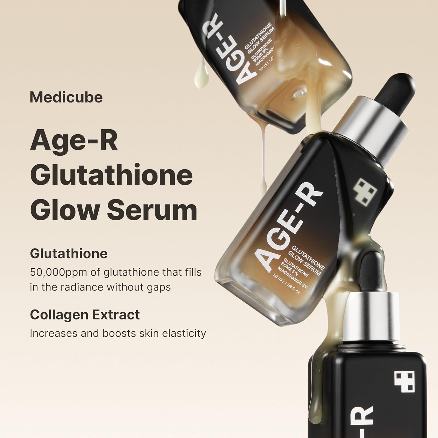 medicube AGE-R Glutathione Glow Serum - Antioxidant & Elasticity Care Serum for 24Hr Pure Radiance, Korean Glass Glow Skin, Daily Use for Youthful Skin, Korean Skincare