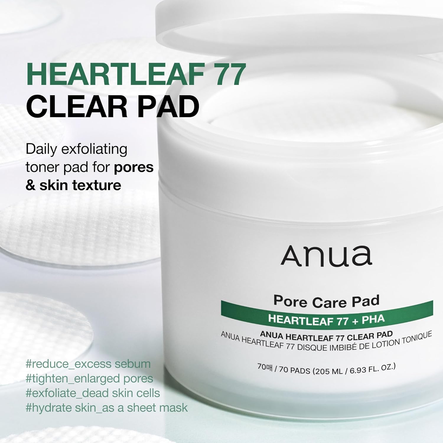 Anua Heartleaf 77 Toner Pad, Mild Exfoliating Facial Pads for Glass Skin, Hydrating Pore Care for Sensitive Skin, Heartleaf Extract, PHA, Centella, Non comedogenic, Korean Skin Care (70 Pads)