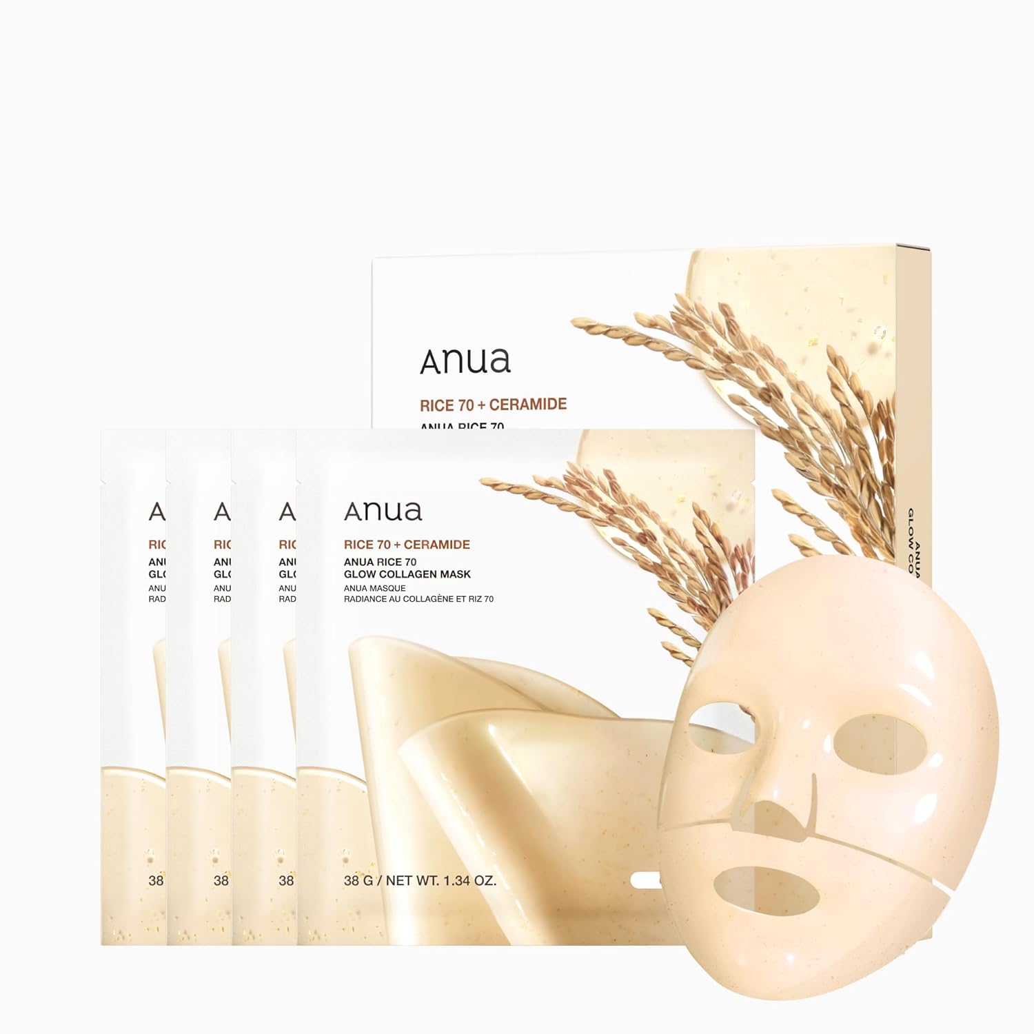 Anua Rice 70 Glow Collagen Mask, Overnight Face Mask for Glass Skin, Ceramide, Collagen Facial Mask, Skin Moisture Barrier, Tightening Care, Natural Color, Korean Skin Care (38g, 4ea)