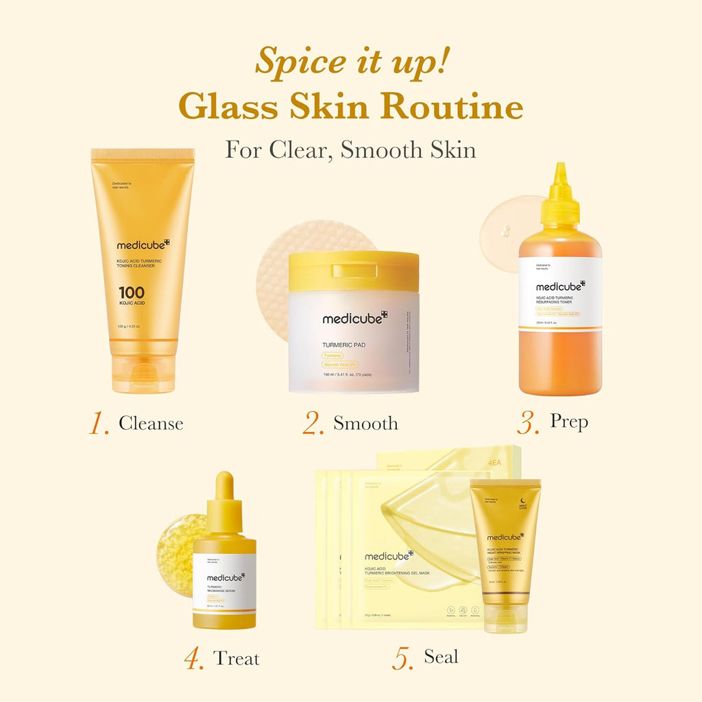 medicube Kojic Acid Turmeric Clarifying Toner Pad for Troubled Skin & Use After Spot Care | Soothing & Calming with Kojic Acid, Turmeric, Niacinamide, and Glycolic Acid | Korean Skin Care, 70 Pads