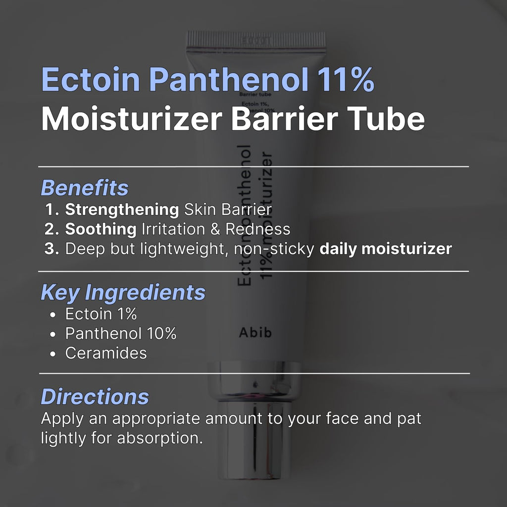 Abib Ectoin Panthenol 11% Moisturizer Barrier Tube 1.69 fl. oz. 50 mL I Skin Hydrating Face Cream