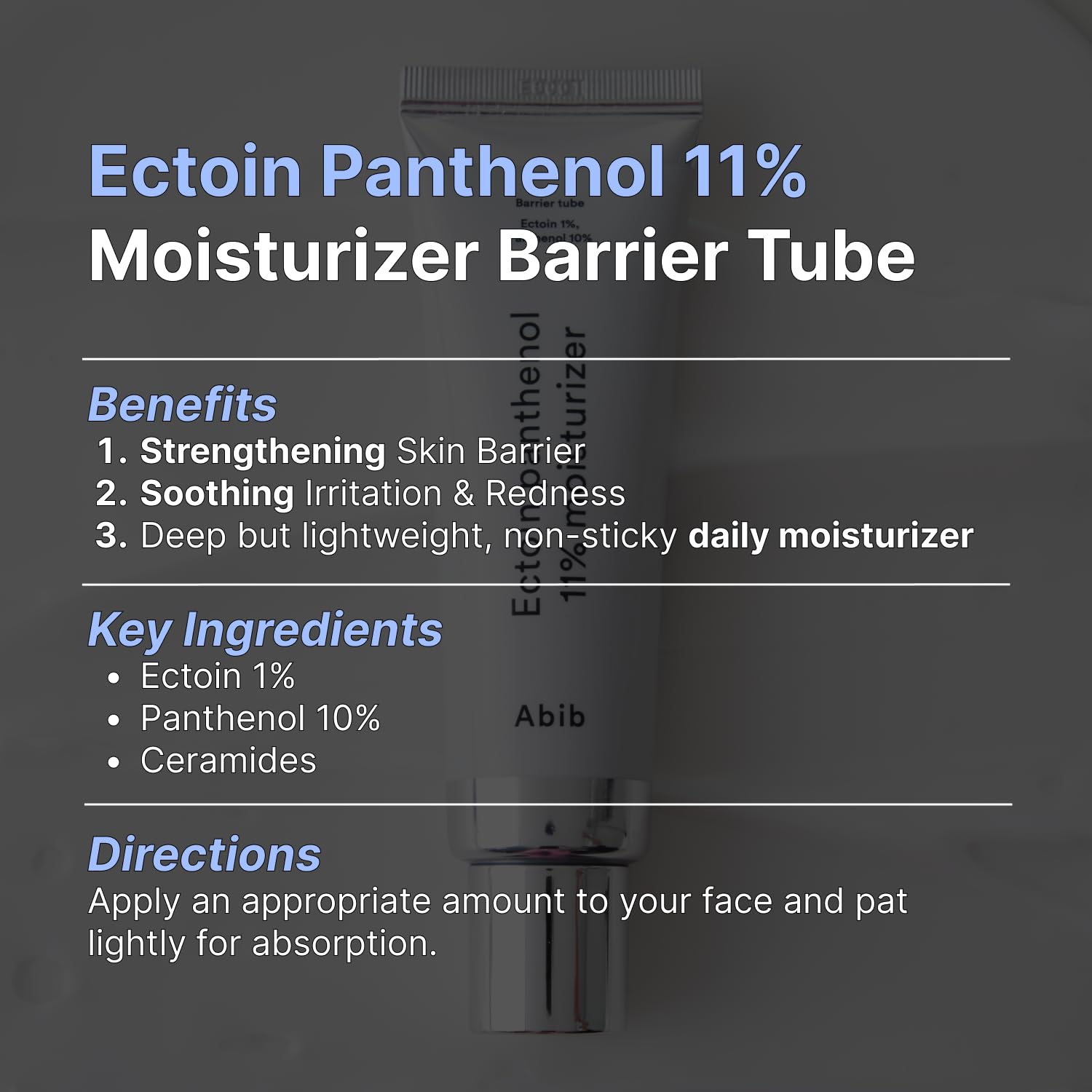 Abib Ectoin Panthenol 11% Moisturizer Barrier Tube 1.69 fl. oz. 50 mL I Skin Hydrating Face Cream