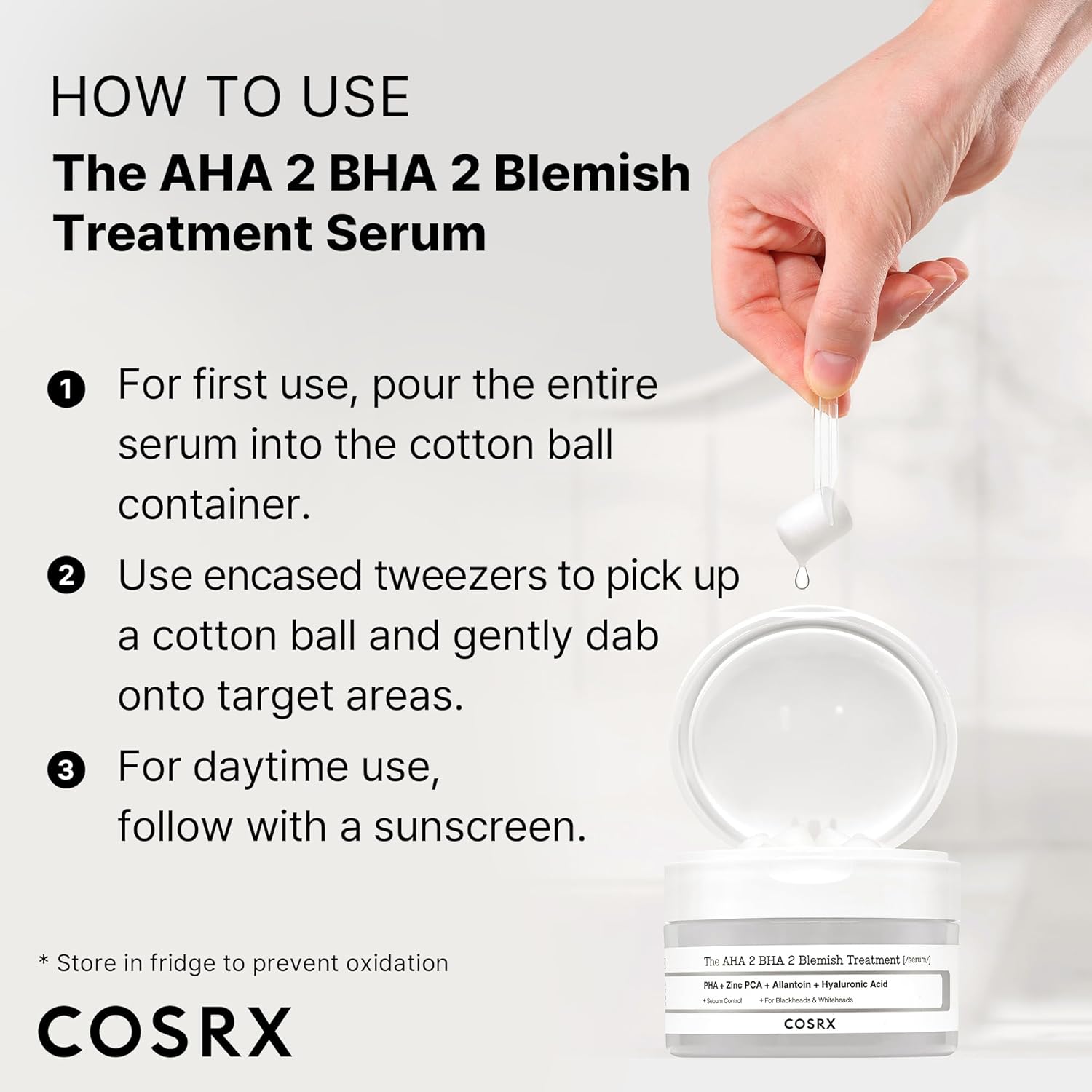 COSRX AHA 2% BHA 2% Blemish Treatment Serum, 60+ Pure Cotton Balls, Quick & Easy Daily Spot Treatment, Blackheads & Whiteheads, Sebum Control, Paraben Free, Phthalates Free, Korean Skin Care
