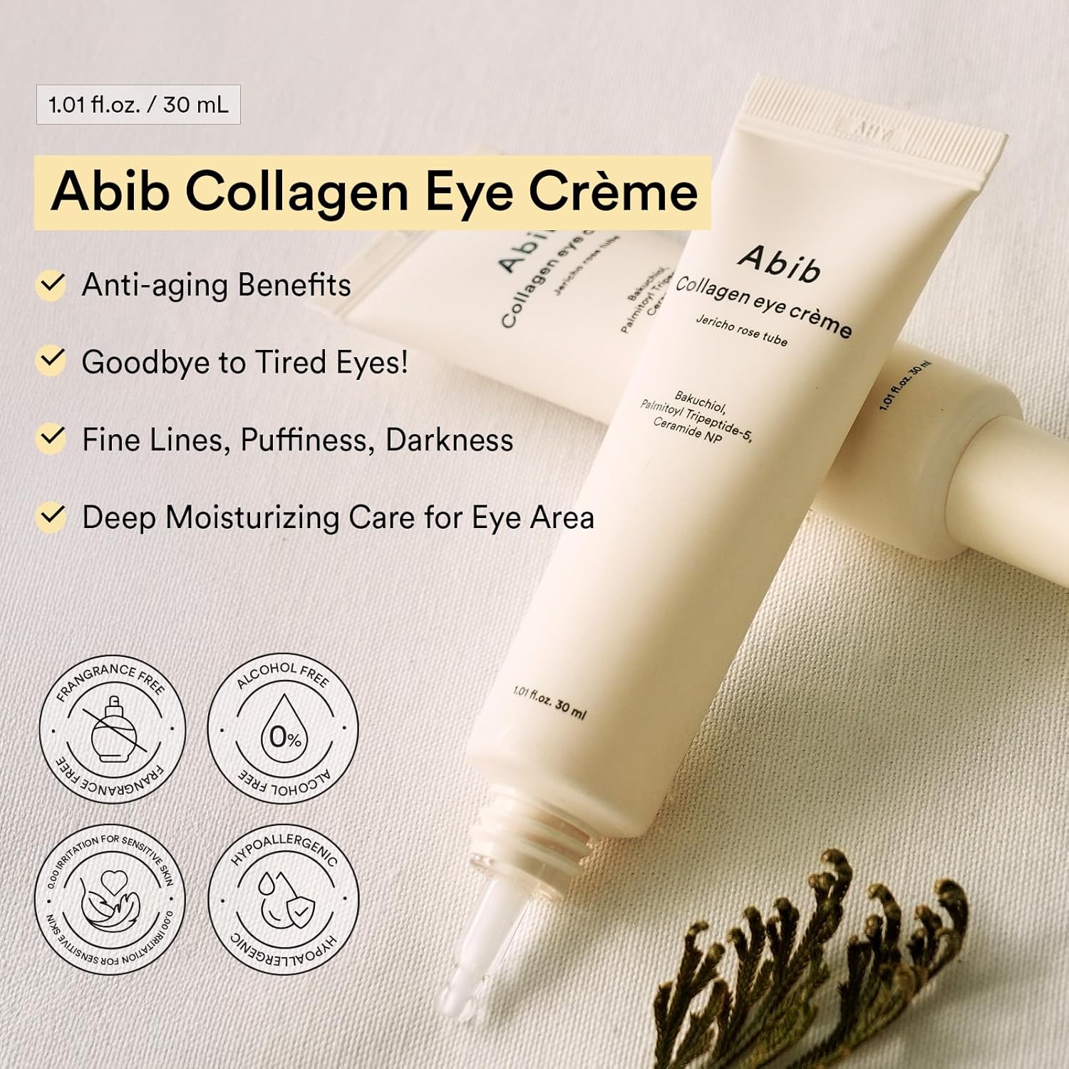 Abib Collagen Eye Crème Jericho Rose Tube for Dark Circles and Puffiness, Under Eye Fine Lines