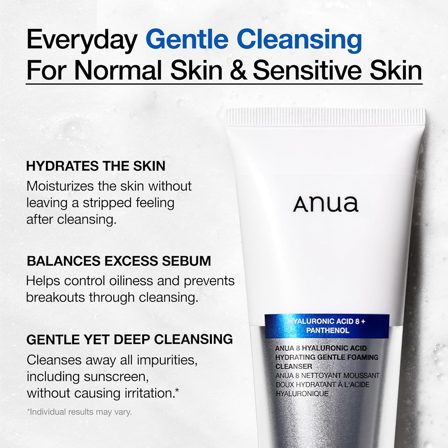 Anua Hydrating Gentle Foaming Cleanser, Hyaluronic Acid, Glycerin, Zinc, Panthenol, Korean Face Wash for Dry Skin, for Double Cleansing, Korean Skincare (150ml/5.07fl oz.)