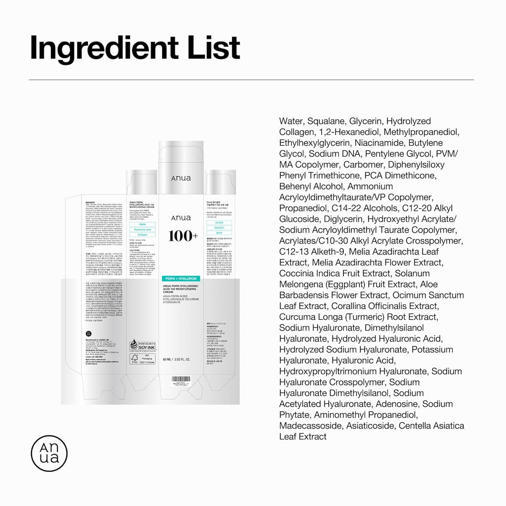 Anua PDRN Hyaluronic Acid 100 Moisturizing Cream, Lightweight Hydrating Moisturizer with Salmon PDRN, Hyaluronic acid, Collagen for Glass Skin, Korean Skin Care (60ml / 2.02 fl. oz)