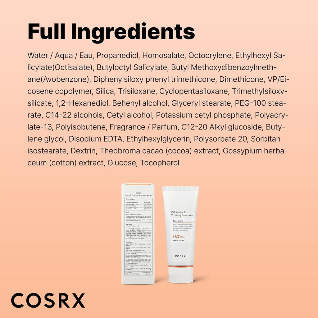 COSRX Vitamin E Vitalizing Face Sunscreen SPF 50, 1.69 fl oz, SPF Moisturizer, Lightweight under Makeup, Travel Essentials, Summer Essentials, Korean Skin Care, Korean Sunscreen for Face